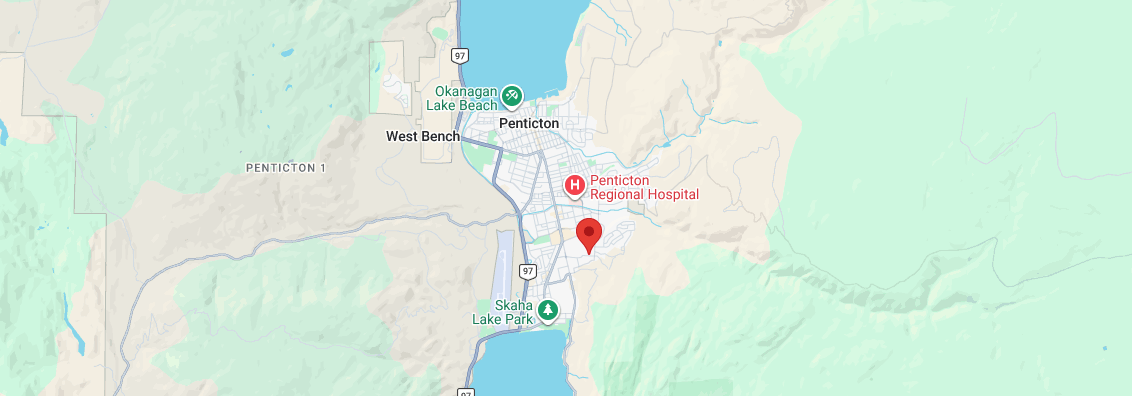 Map showing Urban Hideaway at 343 Adamson Drive, Penticton, BC — near Skaha Lake and downtown Penticton